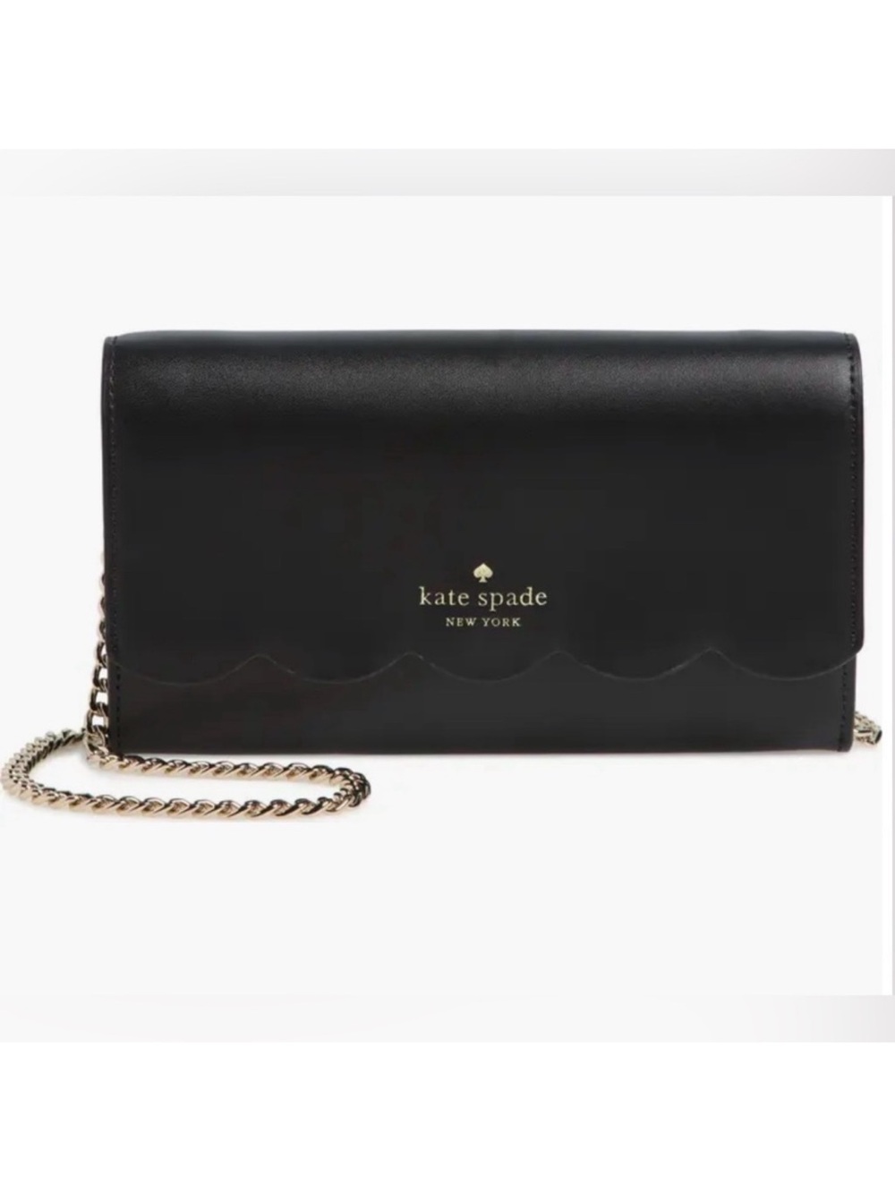Kate Spade New York Gemma  Black Scallop-Edge Leather Clutch/ Wallet on Chain
